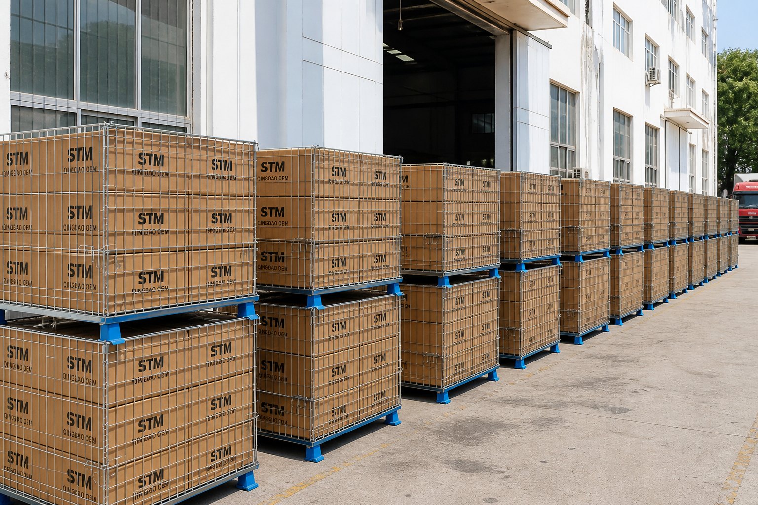 Wire cages packed with STM cartons ready for dispatch