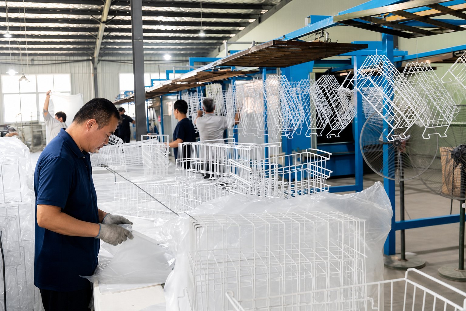 STM coating line: PE-coated wire baskets on the dip rail inside the Qingdao plant