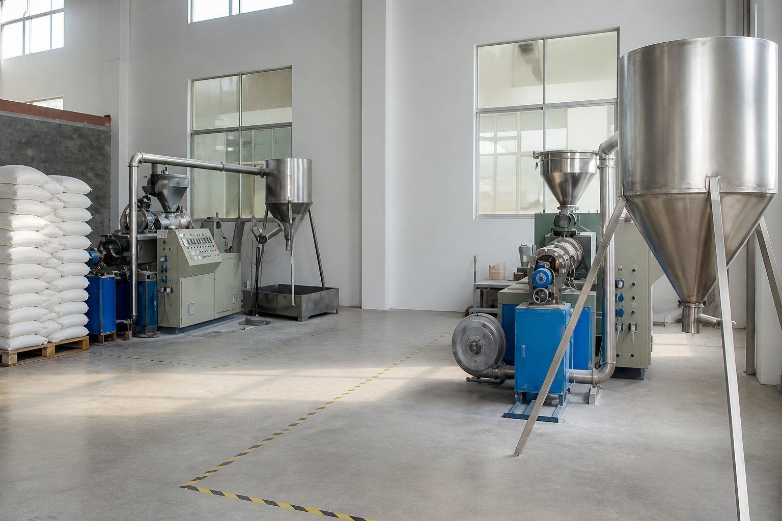 Powder preparation workshop with stainless hoppers