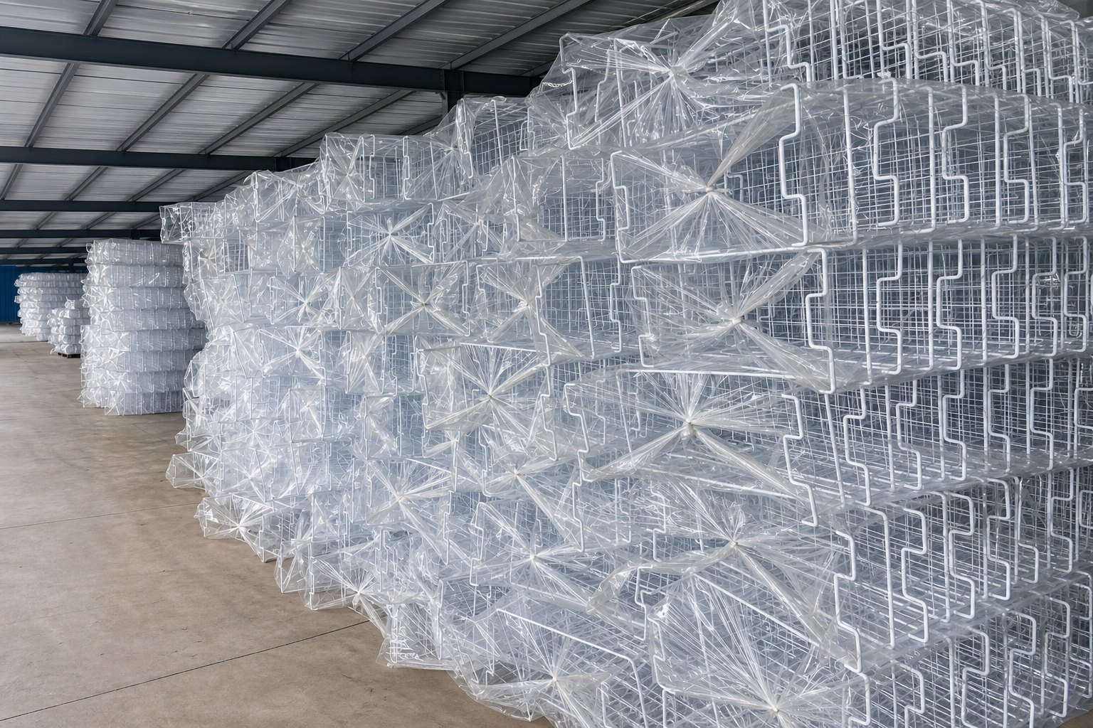 Finished PE-coated baskets stacked and film-wrapped in the warehouse